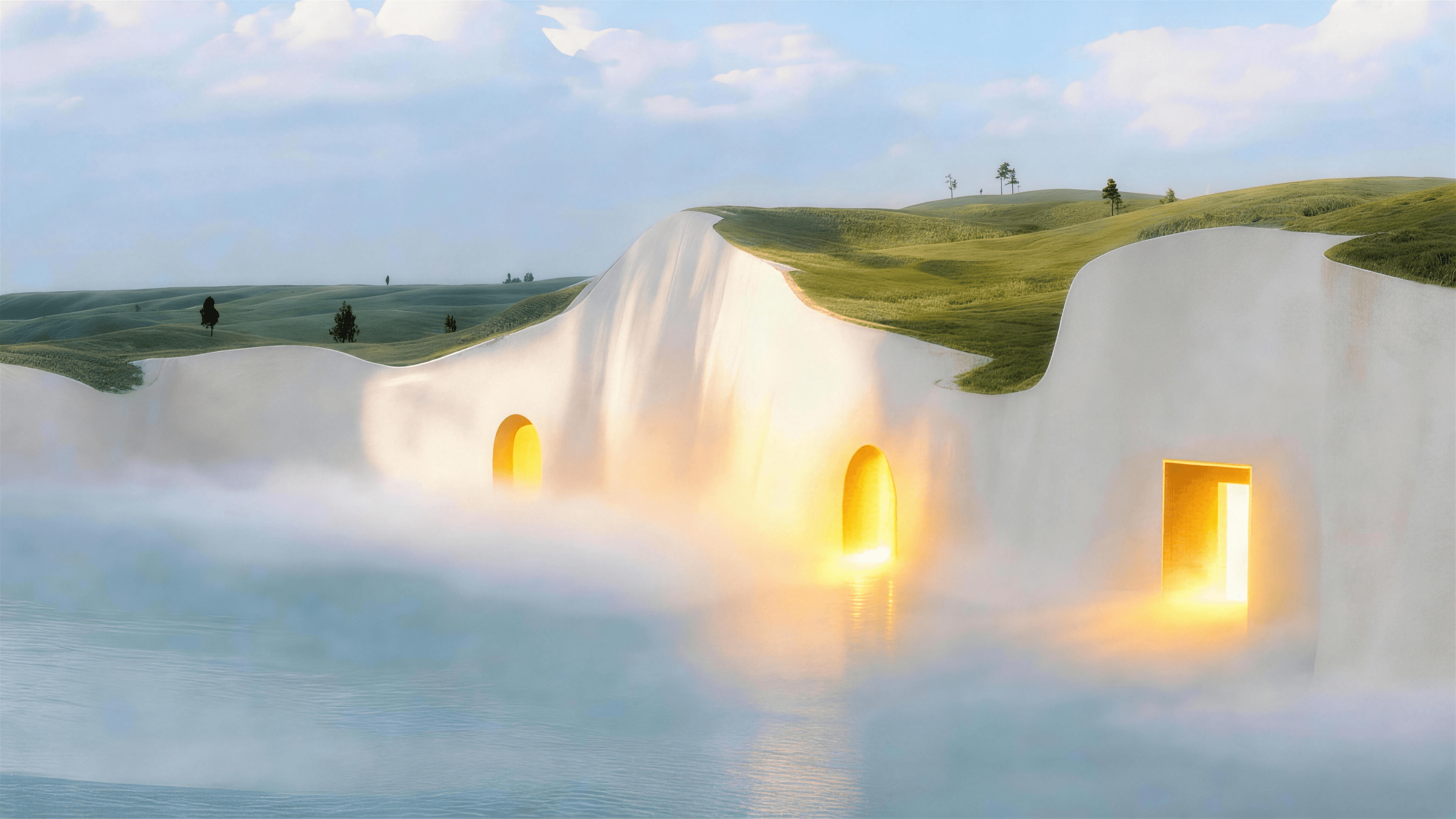 Strange Relief hero - misty white cliffs with golden door