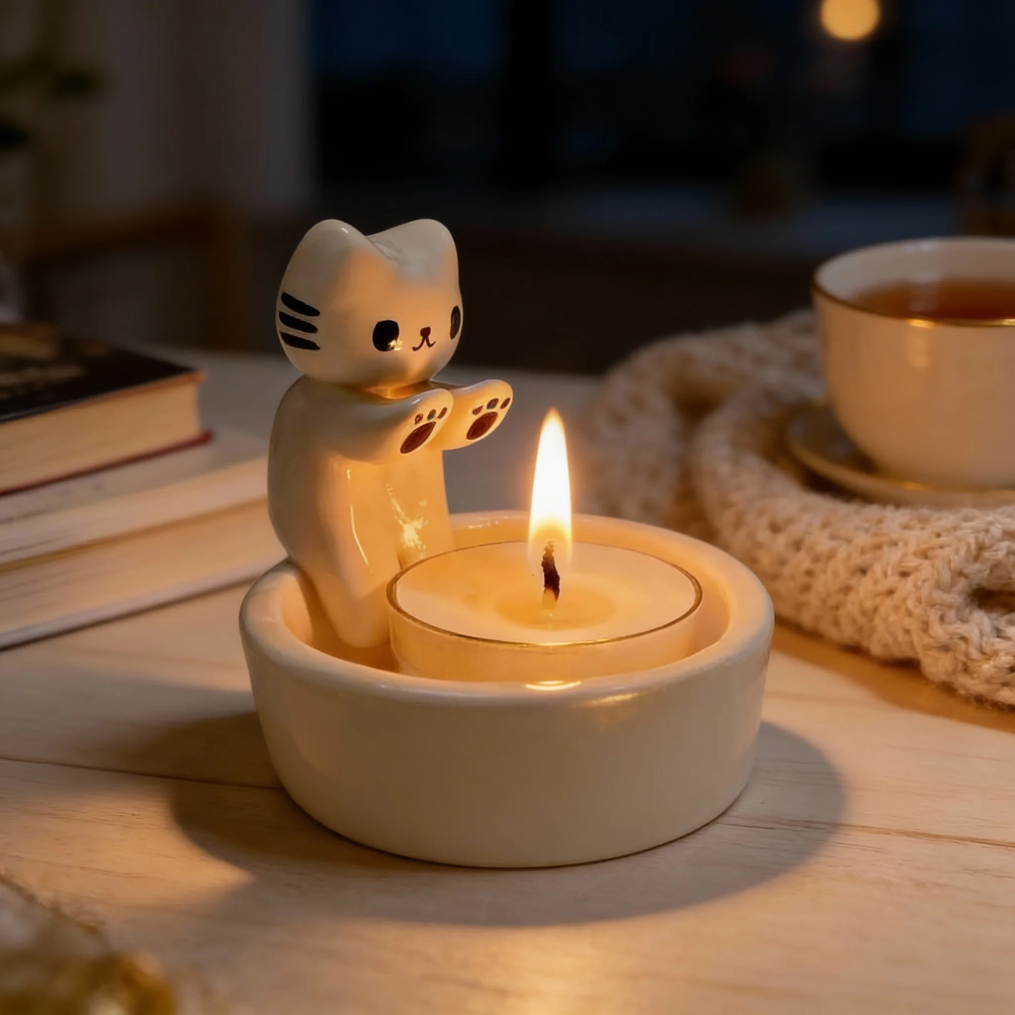 A Heartbeat For The Room - ceramic cat tealight candle holder